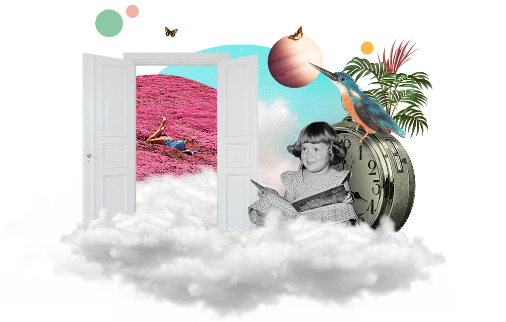 Un collage avec une petite fille lisant un magazine, un réveil et un oiseau