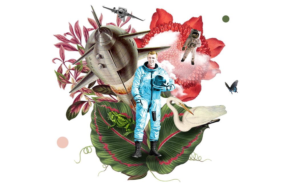 Un collage avec un astronaute, une fusée et des fleurs