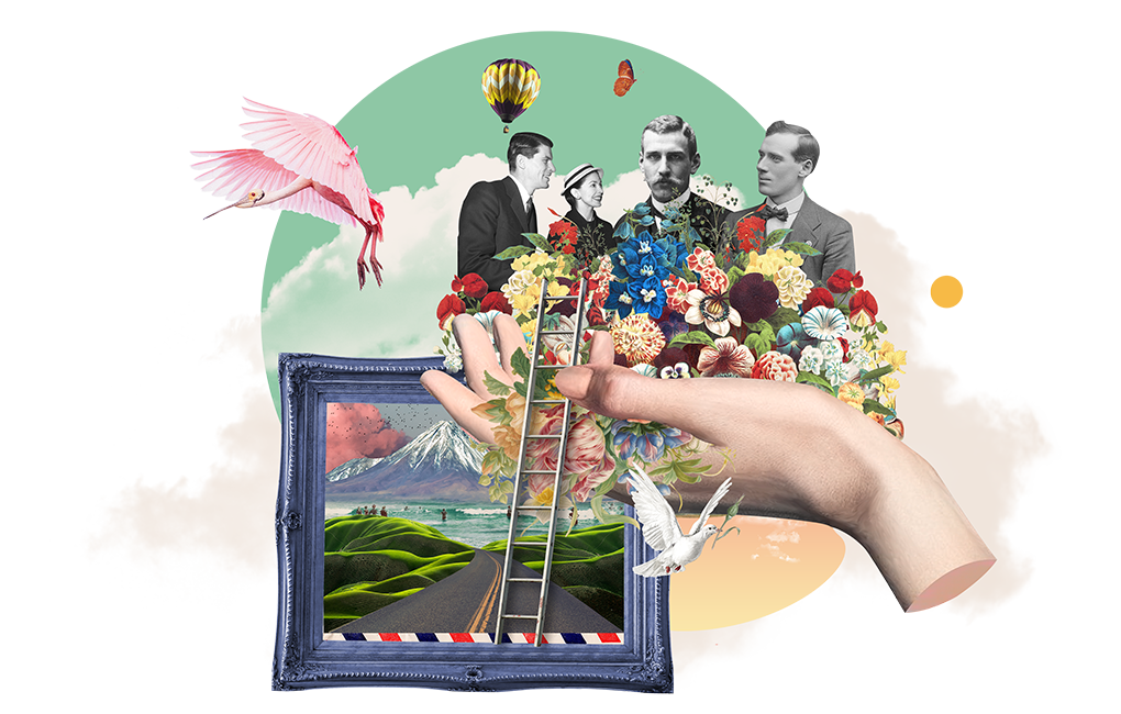 Un collage avec des personnes en costume dans une main en gros plan