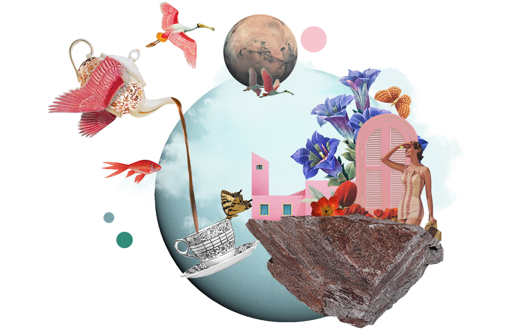 Un collage avec un oiseau-théière servant le thé, ambiance zen